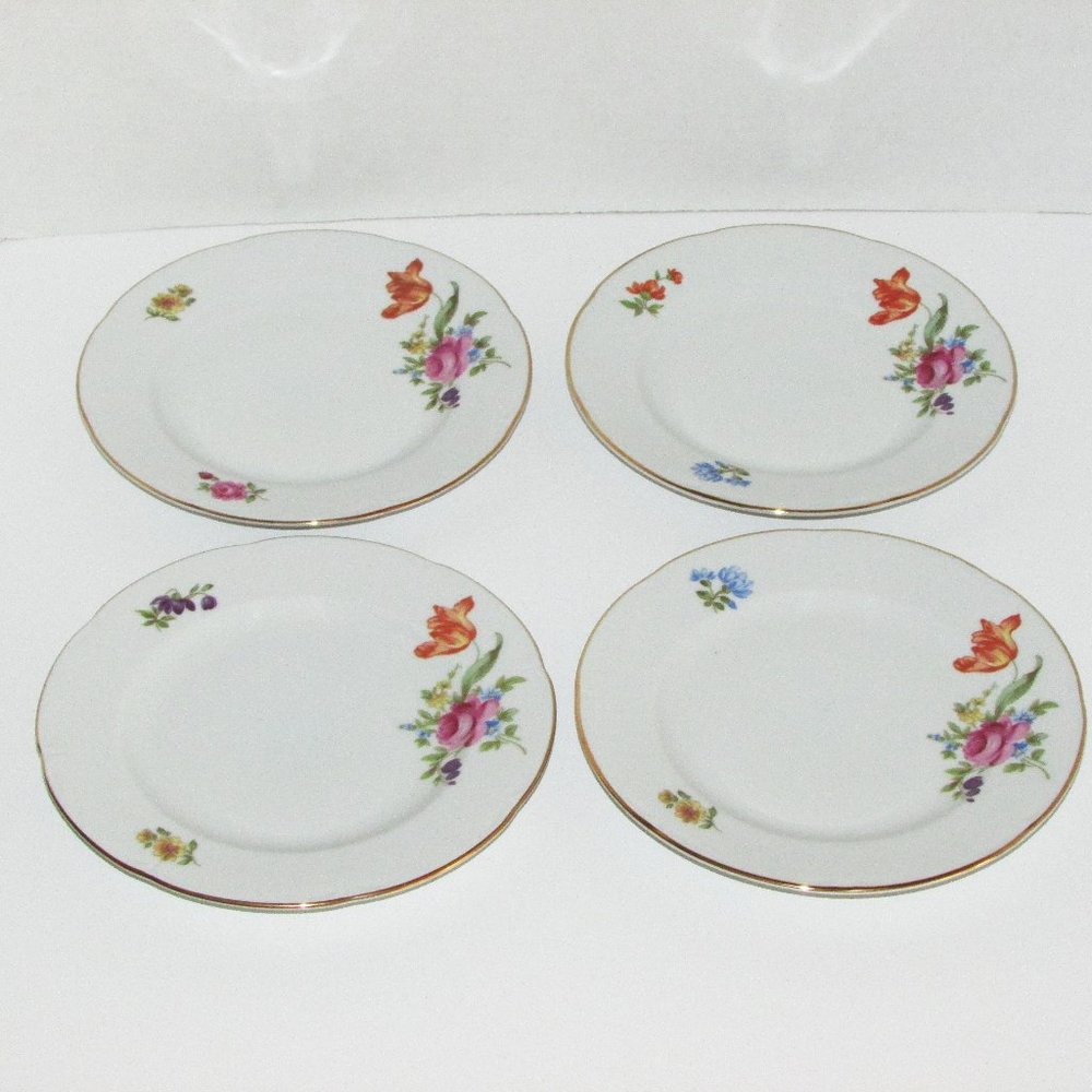 Porcelain Floral Dessert Plates with Gold Trim - GDR